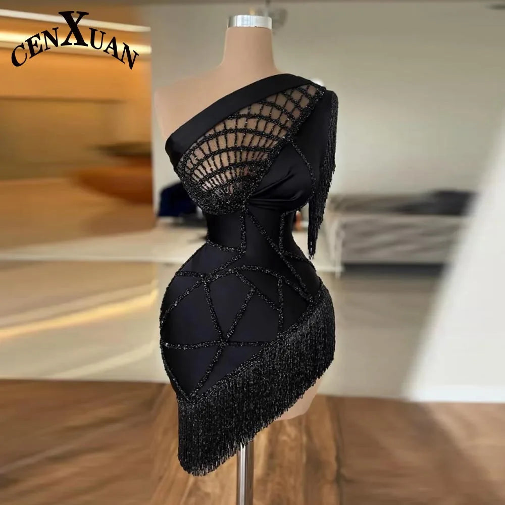 CENXUAN Glamorous One-Shoulder Short Cocktail Dresses for Women with Beading Satin Party Gown Vestidos De Festa Customized